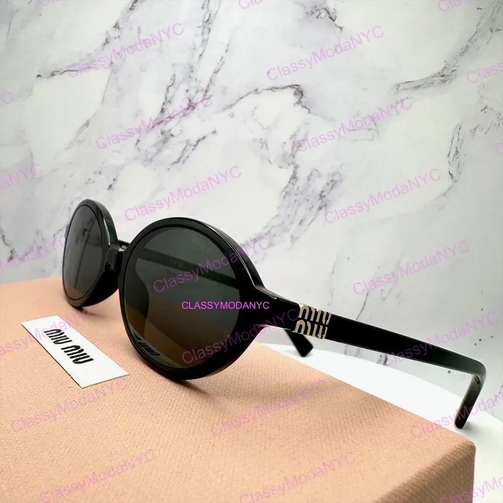 New MIU MIU Sunglasses Black Acetate Slim Round Gold Metal Logo Authentic Women